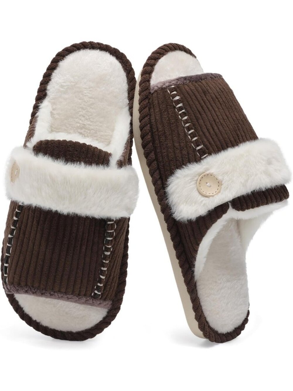 Women's Brown Fuzzy Open Toe Slippers Memory Foam Faux Fur House Non-slip Shoes
